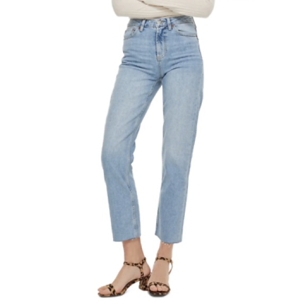 Topshop Mid Rise Raw Hem Straight Leg Jeans